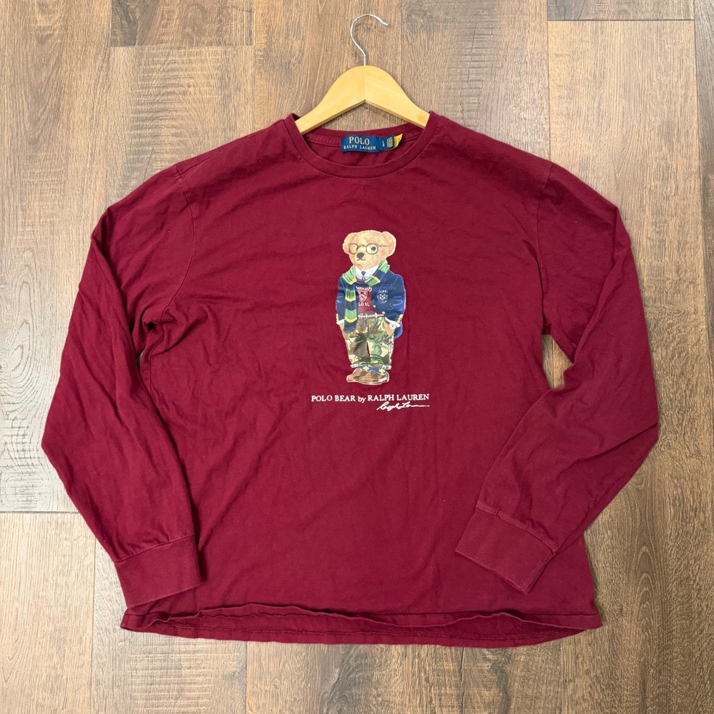 Polo Ralph Lauren Polo Bear Long Sleeve T Shirt Mens L Burgundy Camo Preppy